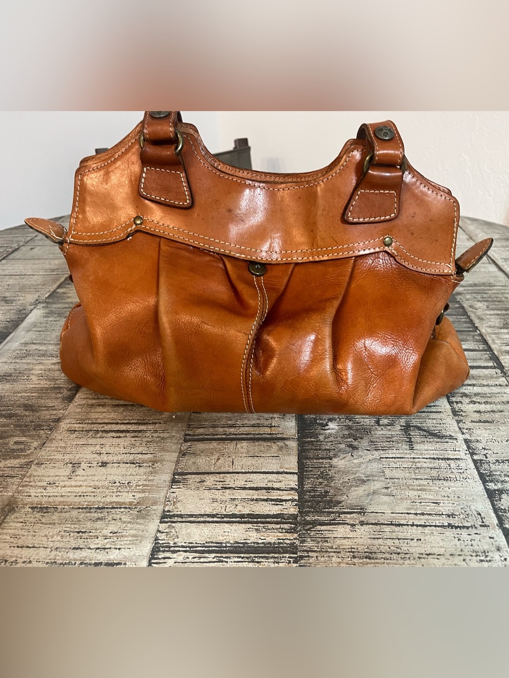 Patricia Nash VTG Distressed Leather Satchel in Cognac Brown W crossbody strap